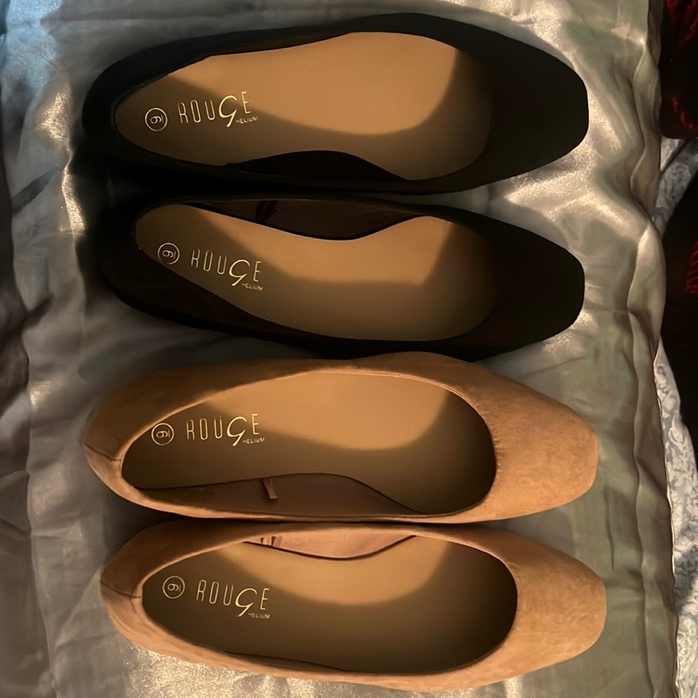 Casual flats for sale! 2 for $20! Black pair worn once, tan pair never worn.